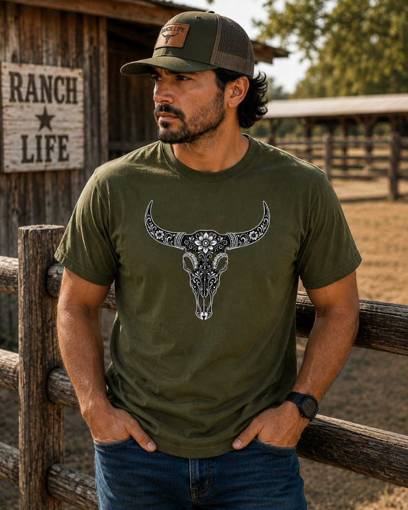 Western Floral Longhorn Skull Unisex T-Shirt