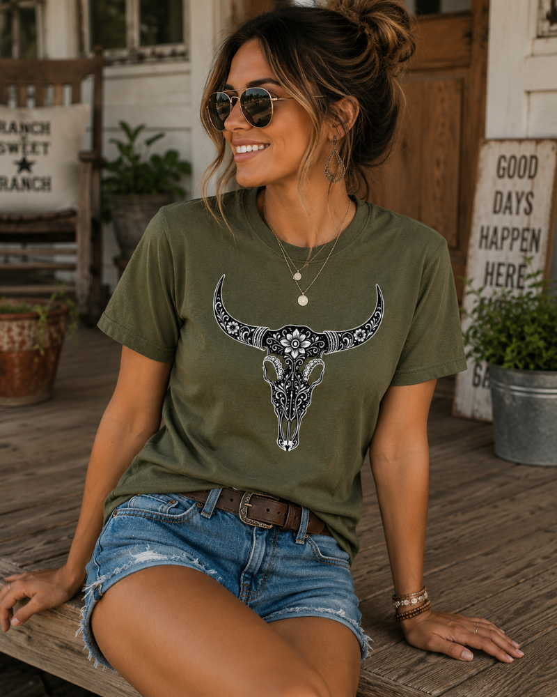 Western Floral Longhorn Skull Unisex T-Shirt