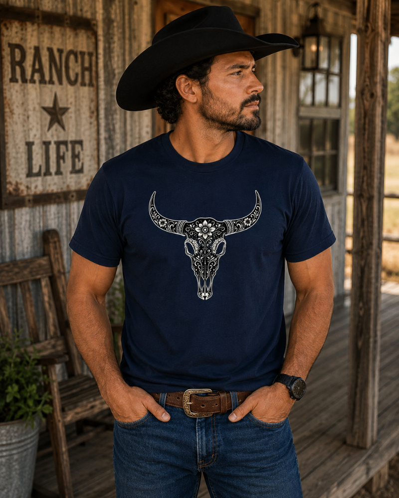 Western Floral Longhorn Skull Unisex T-Shirt